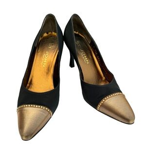 ST. JOHN Pumps Gold Cap Toe Black Satin